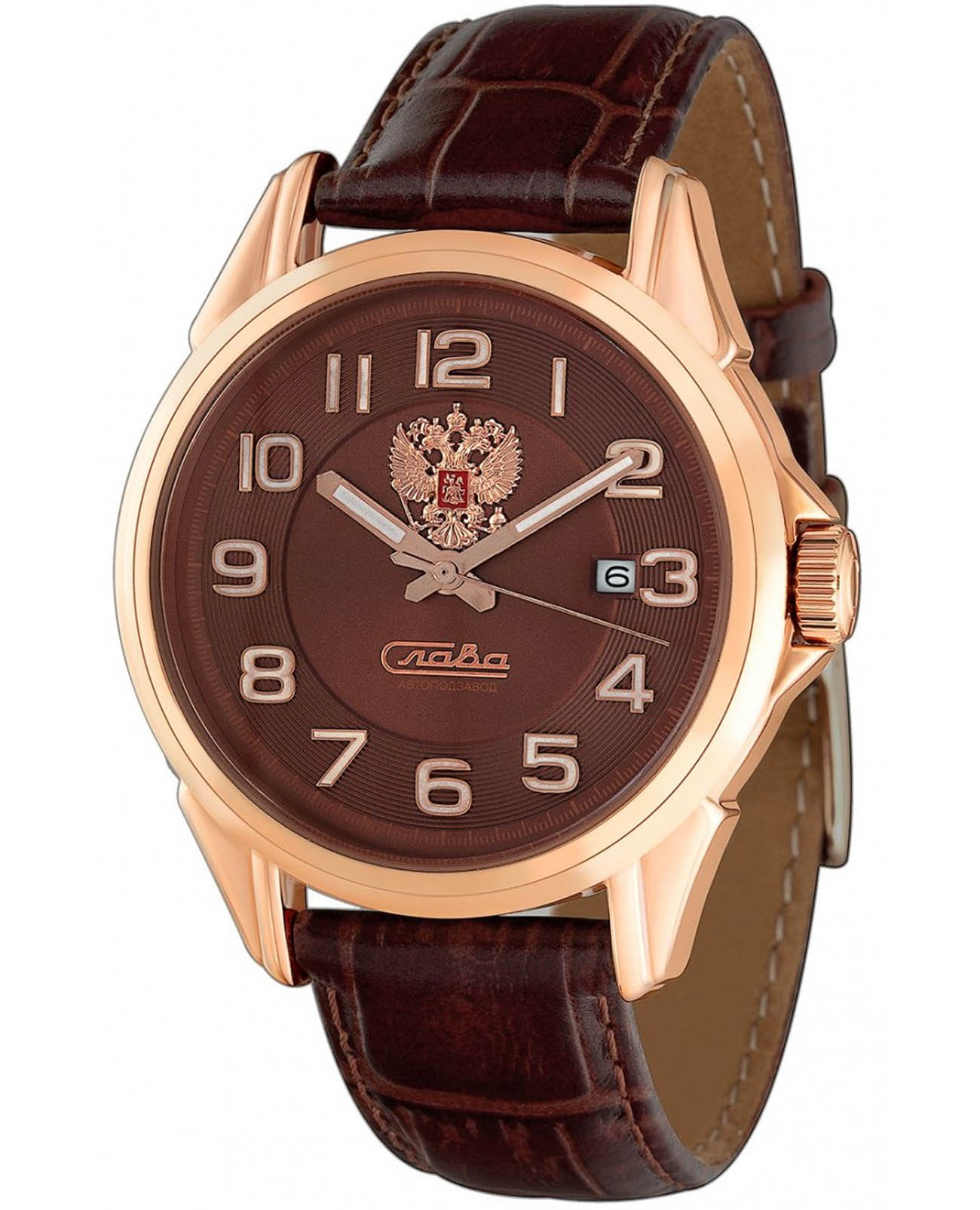 Слава Слава Традиция 1613841/300-8215  1613841/300-8215 механические мужские часы коричневый циферблат, браслет кожаный — вид спереди